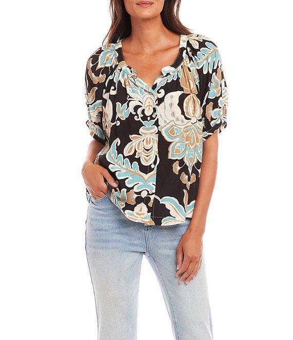 Floral Scoop Neck Short Puff Sleeve Button-Front Peasant Top Product Image