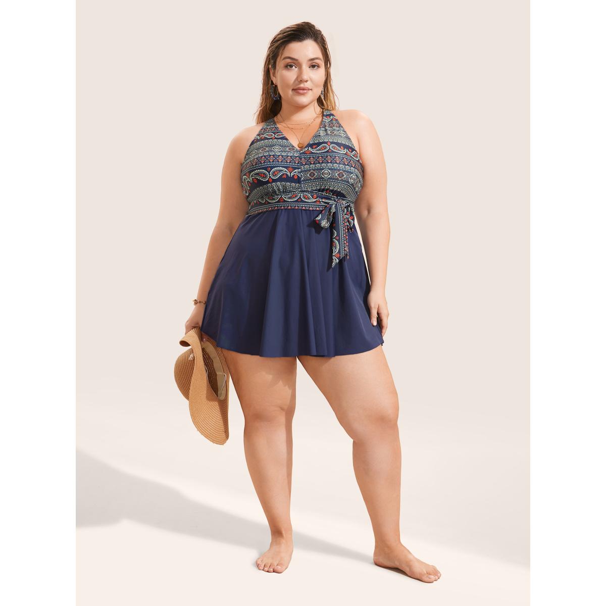 Plus Size Bandana Print Ties Knotted Patchwork Swim Dress Women's Swimwear Indigo Beach Bodycon Deep V-neck High stretch Curve Swim Dresses BloomChic 10/M Product Image