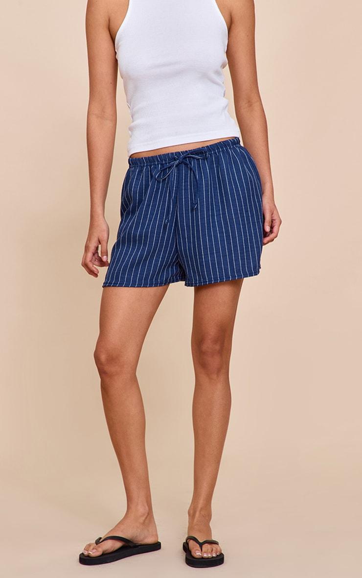 Navy Lightweight Woven Pinstripe Drawstring Shorts Product Image