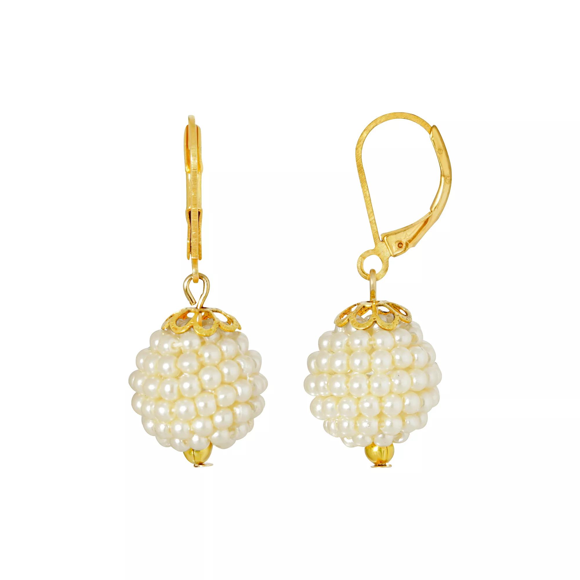 1928 Gold Tone Simulated Pearl Seeded Ball Drop Earrings, Womens, White Product Image