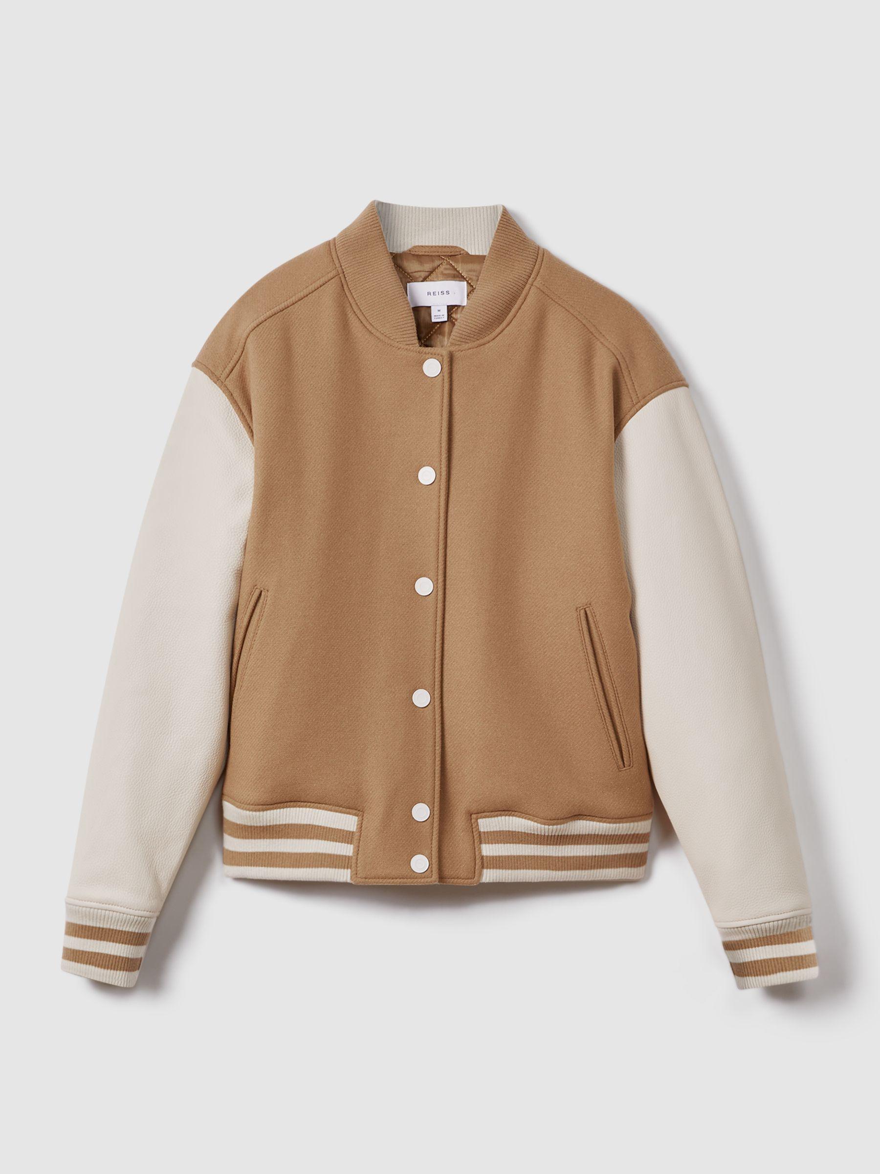 Premium Wool Blend Bomber Jacket in Camel/Cream Product Image