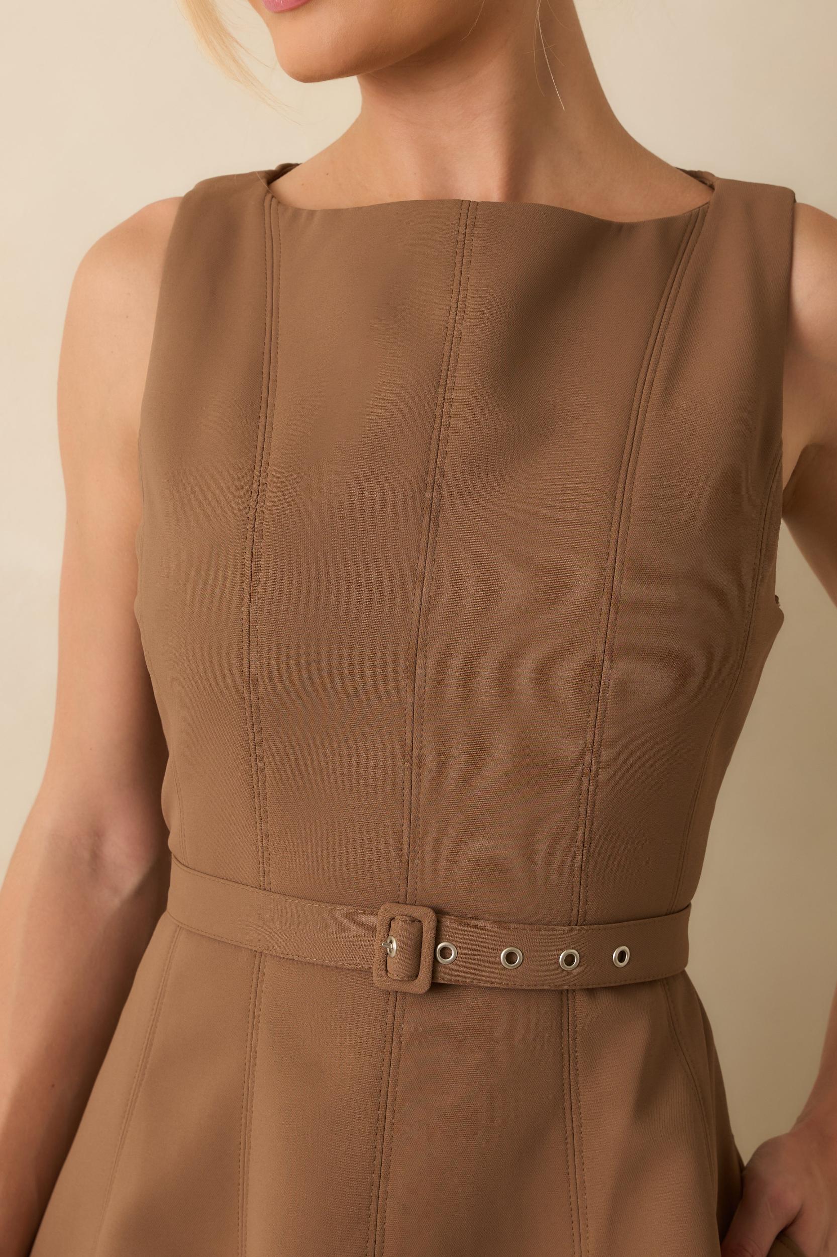 Timely Matter Toffee Brown Belted Sleeveless Midi Dress L / Brown Product Image