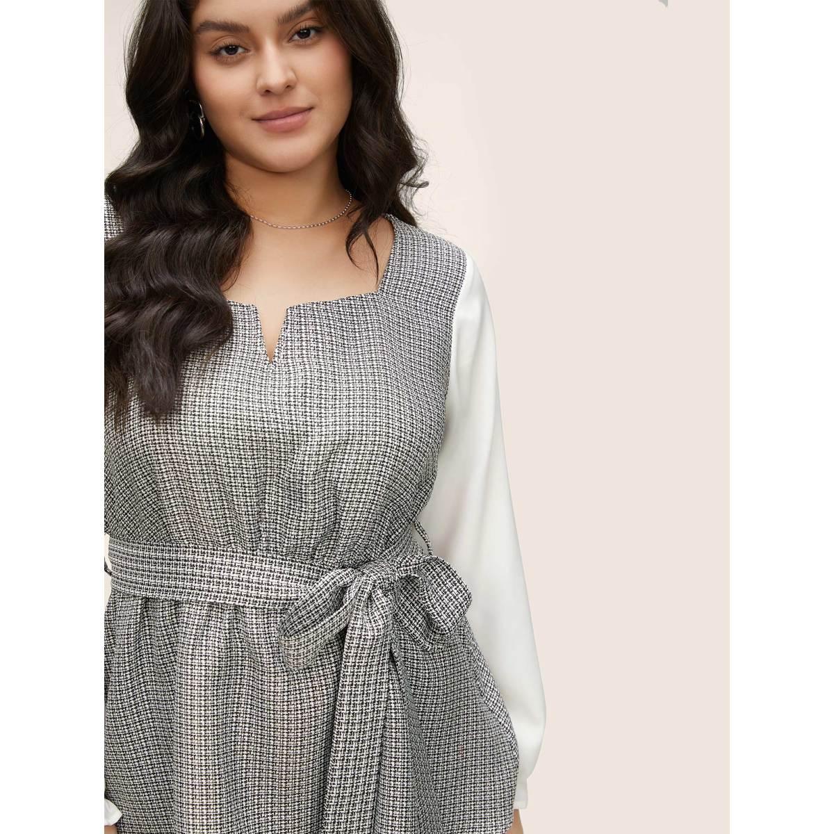 Plus Size Multicolor Notched Tweed Patchwork Belted Blouse Women Office Long Sleeve Notched collar Work Blouses BloomChic 12/L Product Image