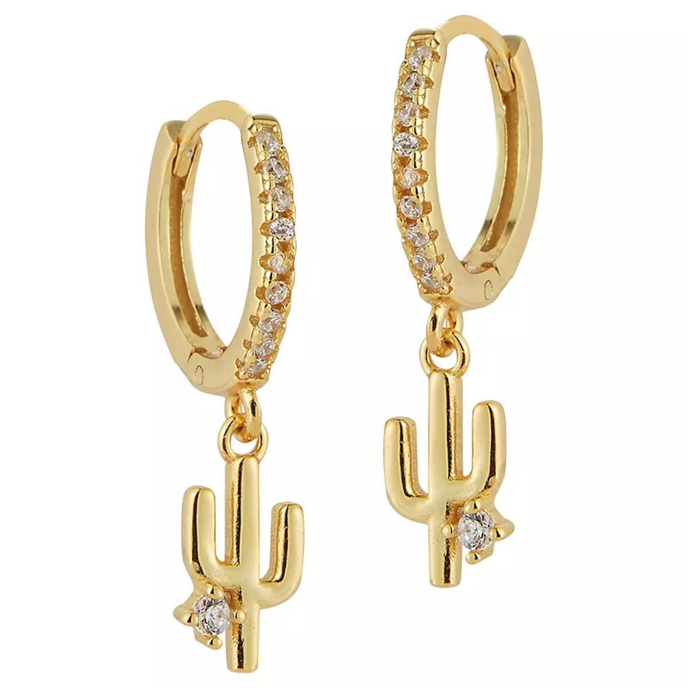 Sunkissed Sterling Sterling Silver Cubic Zirconia Cactus Charm Huggie Hoop Earrings, Women's, Gold Tone Product Image