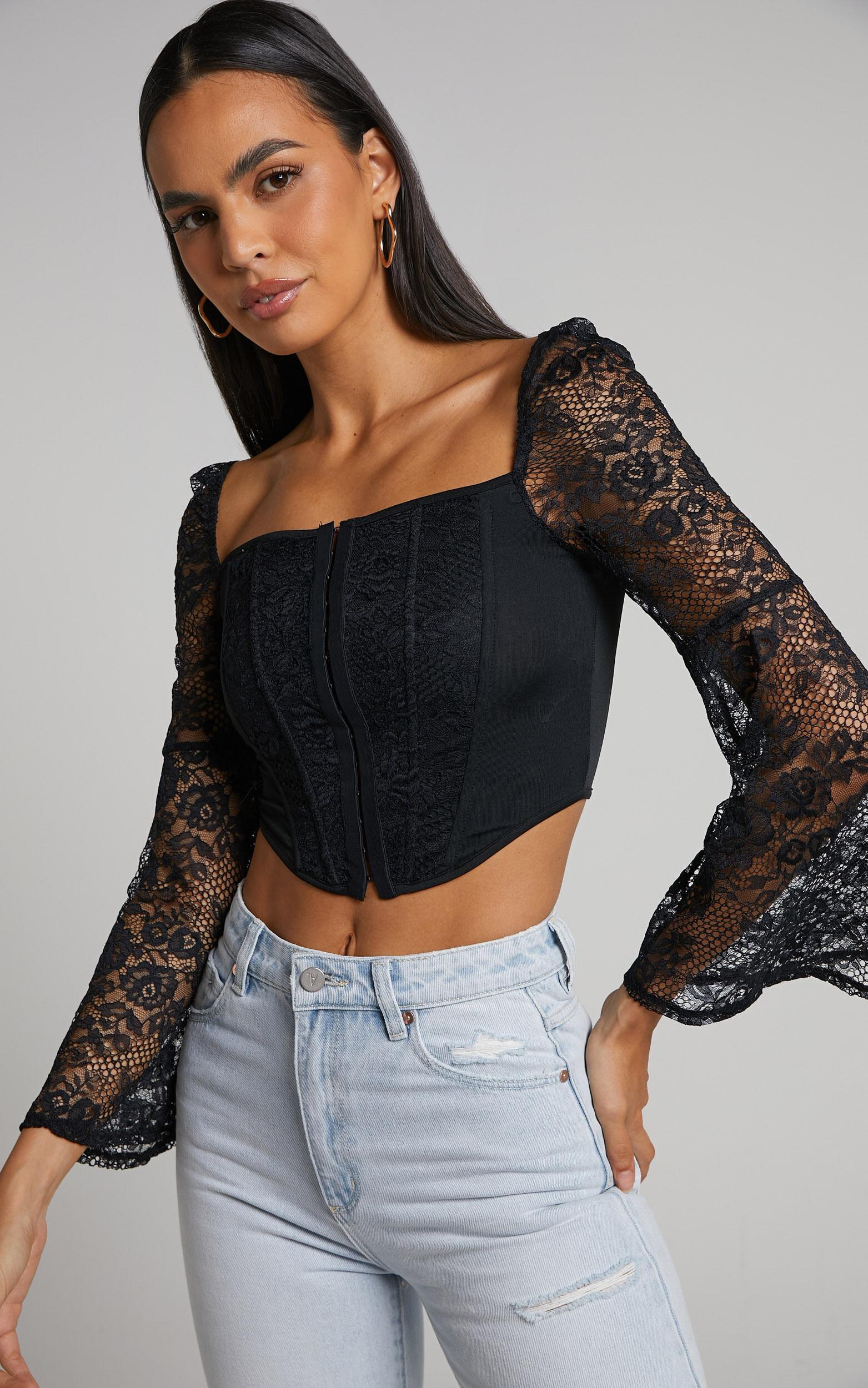 Sienna Top - Lace Bell Sleeve Corset Top in Black Product Image