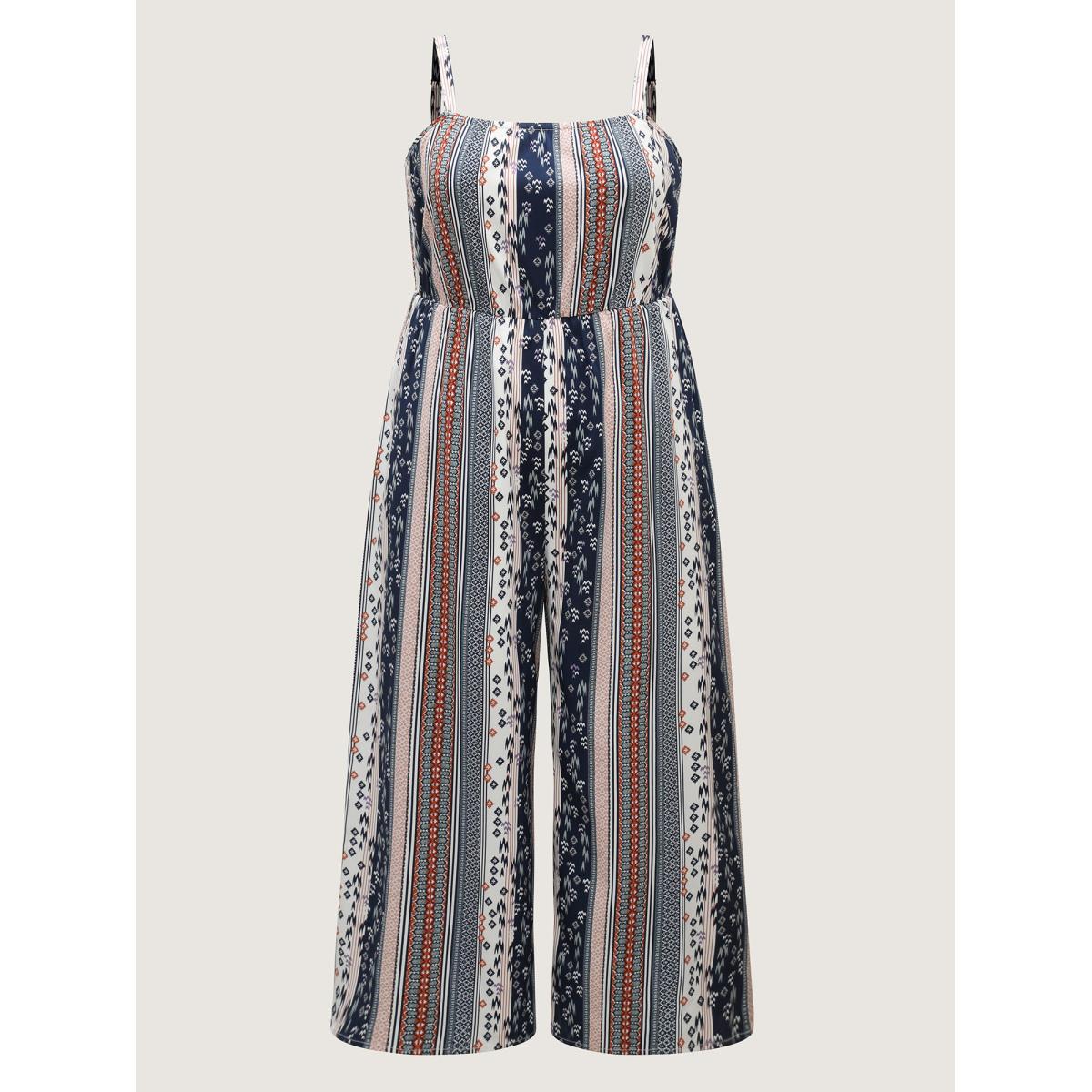 Plus Size Indigo Boho Stripes Stretchy Waist Jumpsuit Women Boho Sleeveless Non Vacation Loose Jumpsuits BloomChic 10/M Product Image