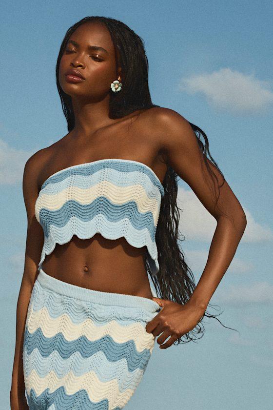 Sandro Blue Multi Crochet Strapless Crop Top Product Image