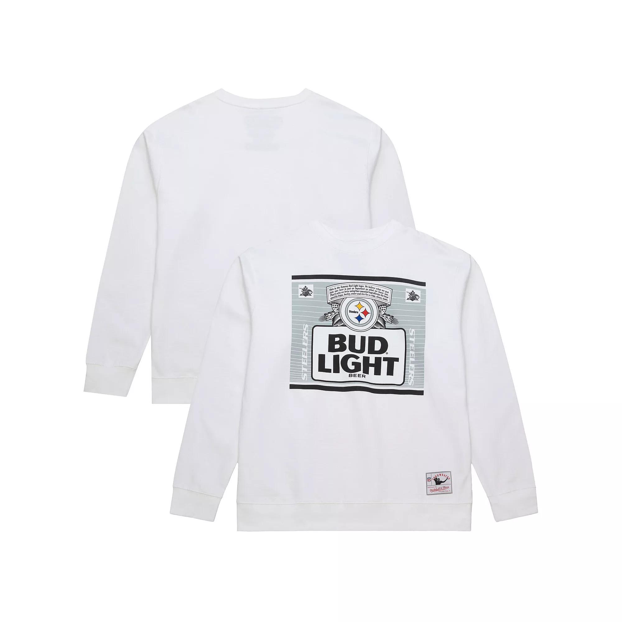 Men's Mitchell & Ness White Pittsburgh Steelers NFL x Bud Light The Crest Pullover Sweatshirt, Size: Large Product Image