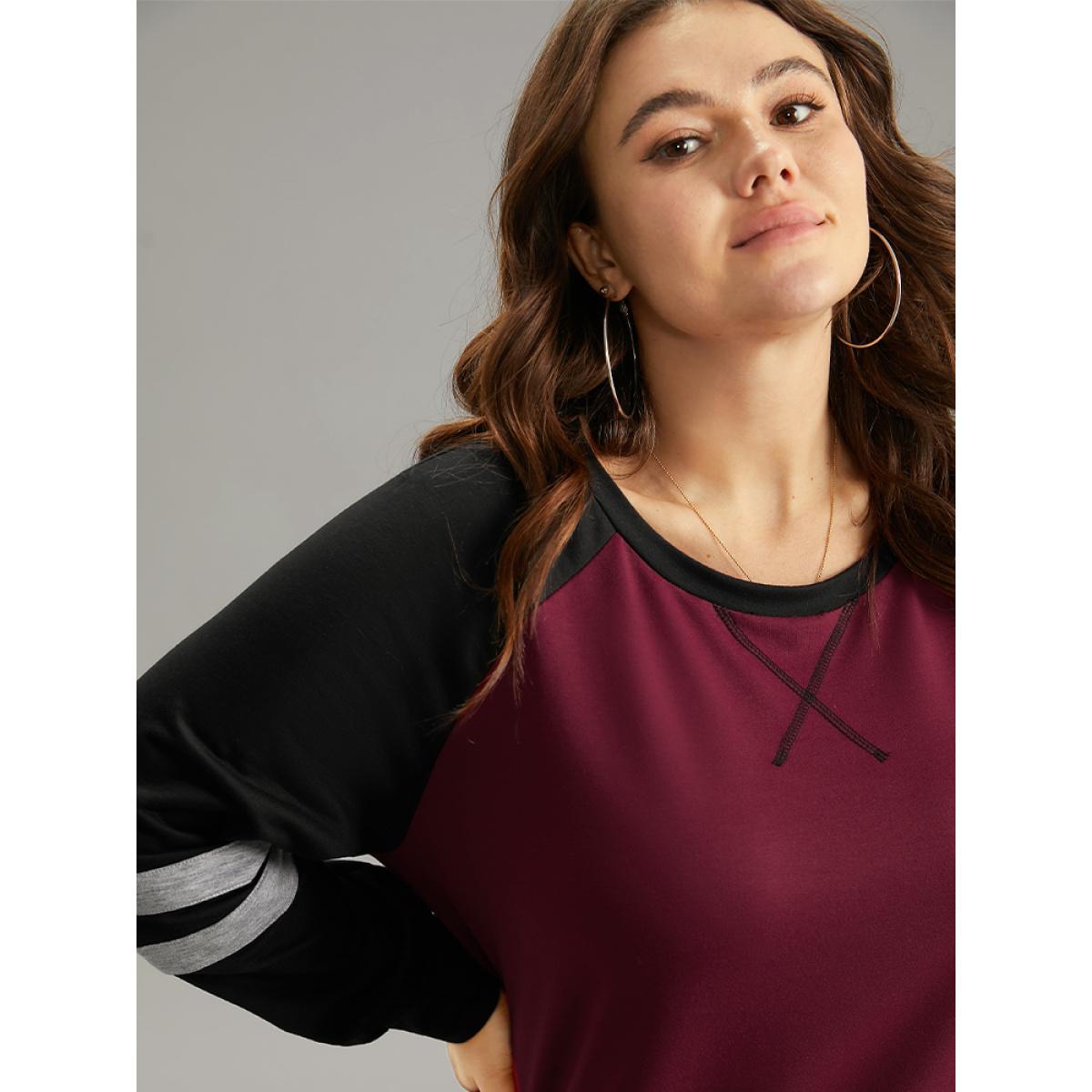 Plus Size Striped Contrast Raglan Sleeve Stitch Sweatshirt Women Burgundy Casual Contrast Round Neck Everyday Sweatshirts BloomChic 12/L Product Image