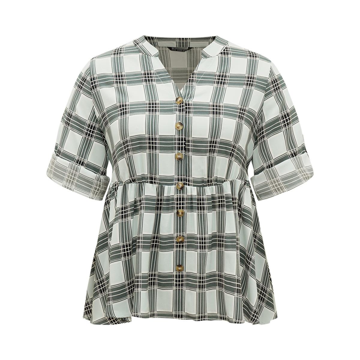 Plus Size SlateGray Plaid Notched Button Through Tab Sleeve Blouse Women Office Long Sleeve Shirt collar Work Blouses BloomChic 18-20/2X Product Image