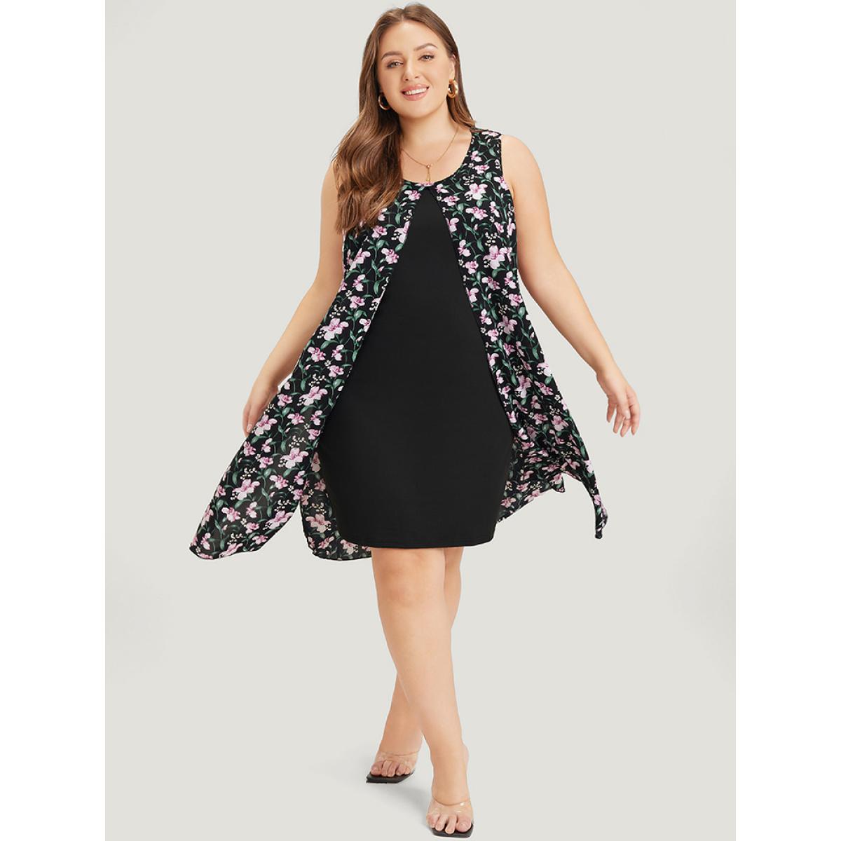 Plus Size Floral Patchwork Round Neck Split Hem Tank Dress BlackFlower Women Elegant Patchwork Round Neck Sleeveless Curvy Knee Dress BloomChic 14-16/1X Product Image