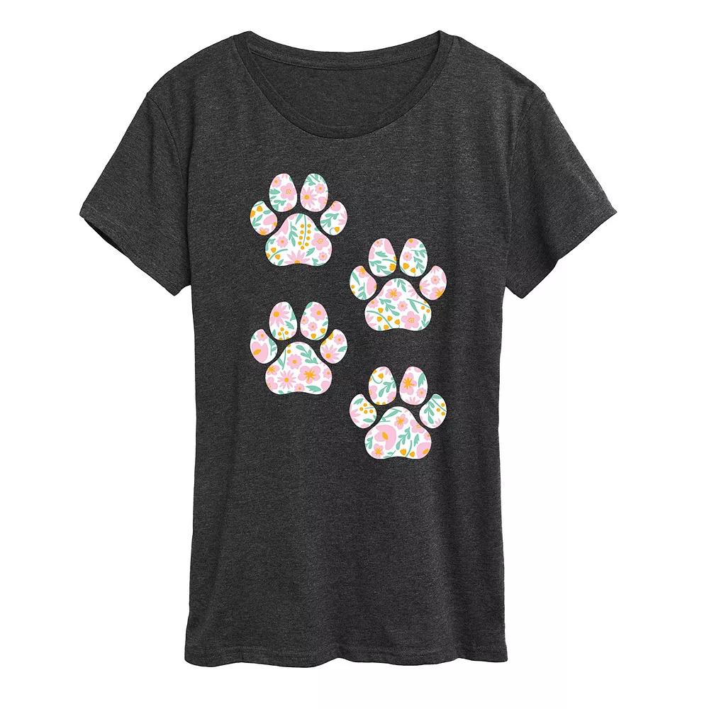Women's Floral Dog Paw Prints Graphic Tee,  Product Image