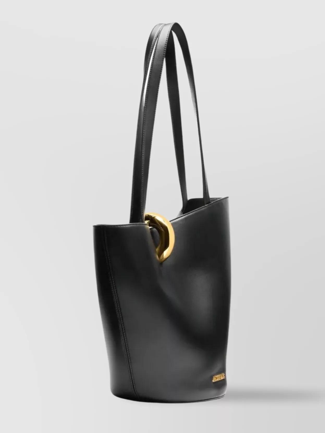 JACQUEMUS The Medium Bambola Asymmetric Leather Bucket Bag In Black 990 Product Image