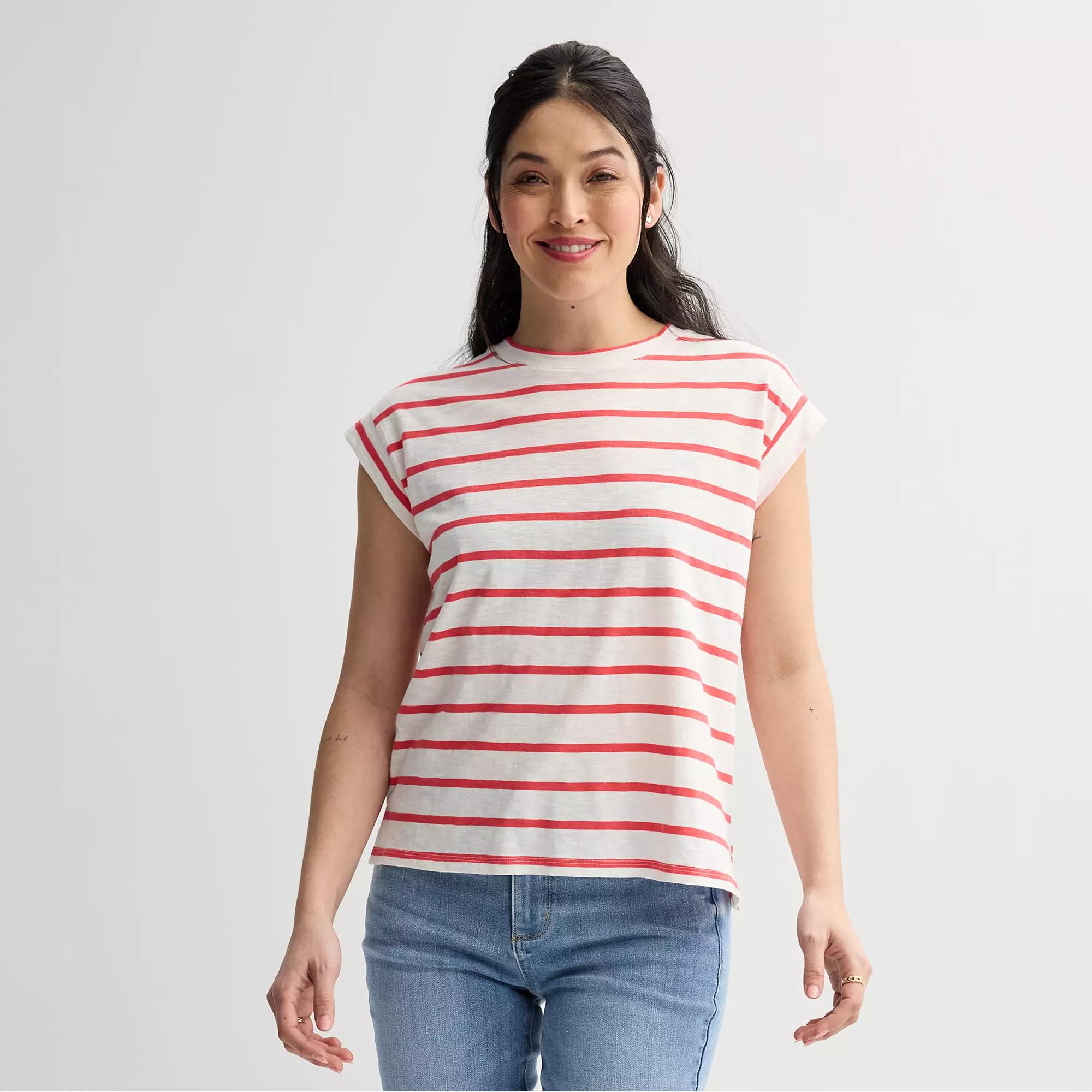 Women's Sonoma Goods For Life® Short Sleeve Muscle Top, Size: XL, Red Neutral Stripe Product Image