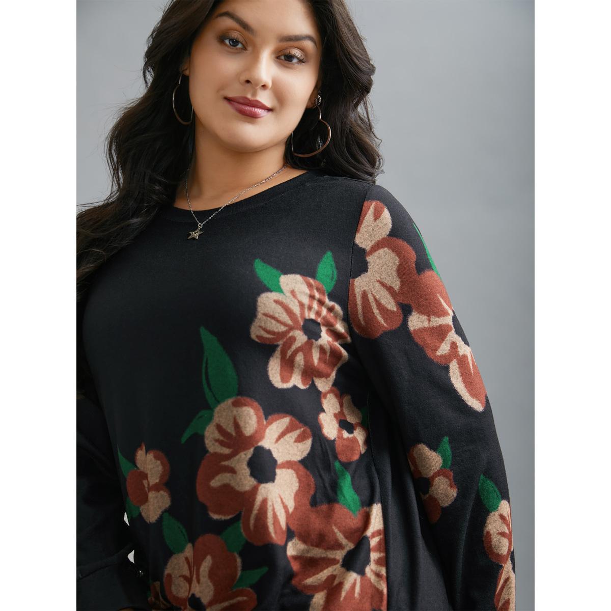 Plus Size Round Neck Floral Print Fitted Sweatshirt Women Black Casual Non Round Neck Everyday Sweatshirts BloomChic 30/6X Product Image