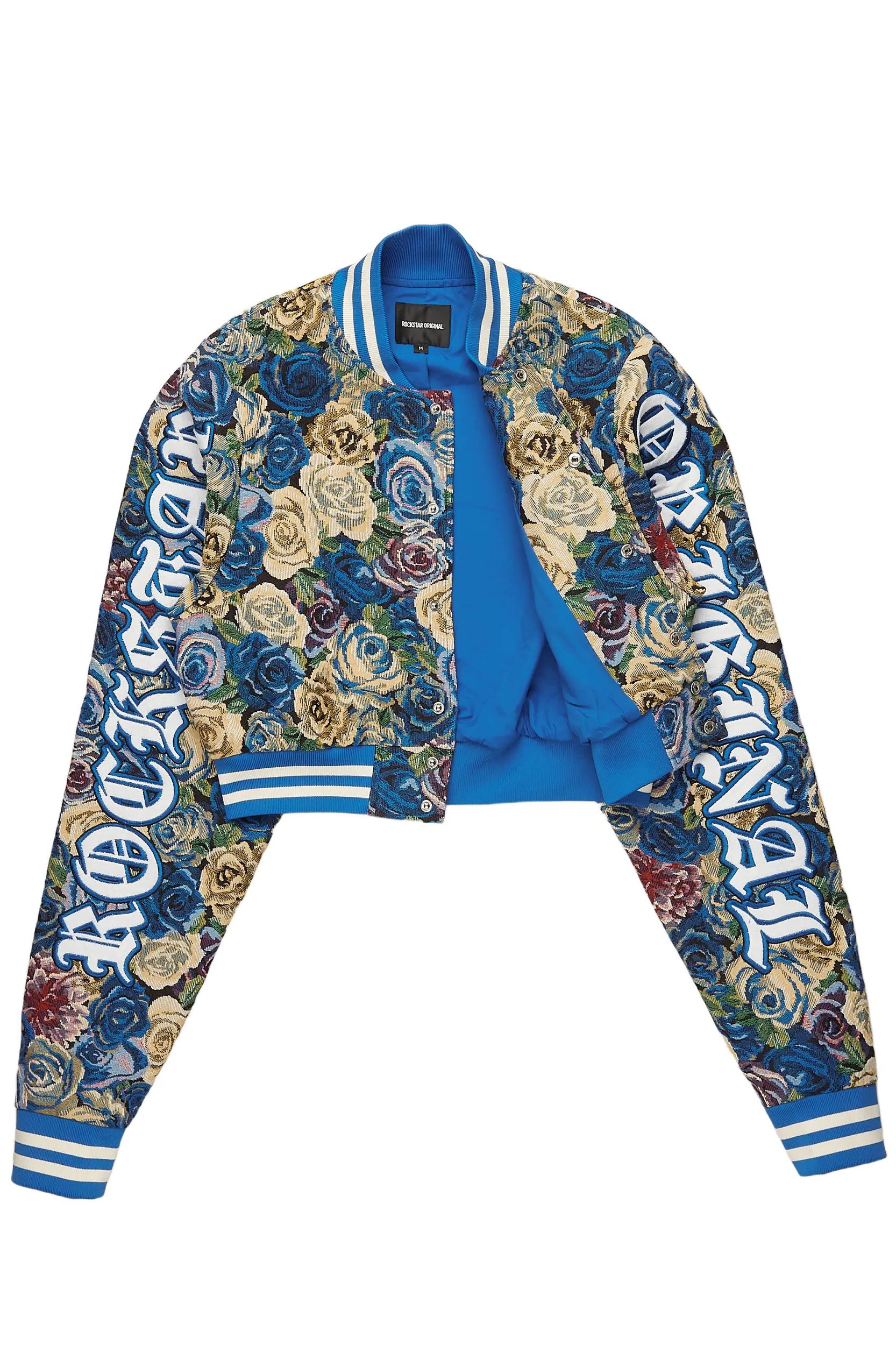 Darresha Blue Crop Tapestry Varsity Jacket Female Product Image