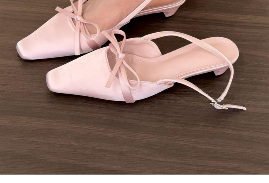 Square Toe Bow Slingback Satin Kitten Heel Pumps Product Image