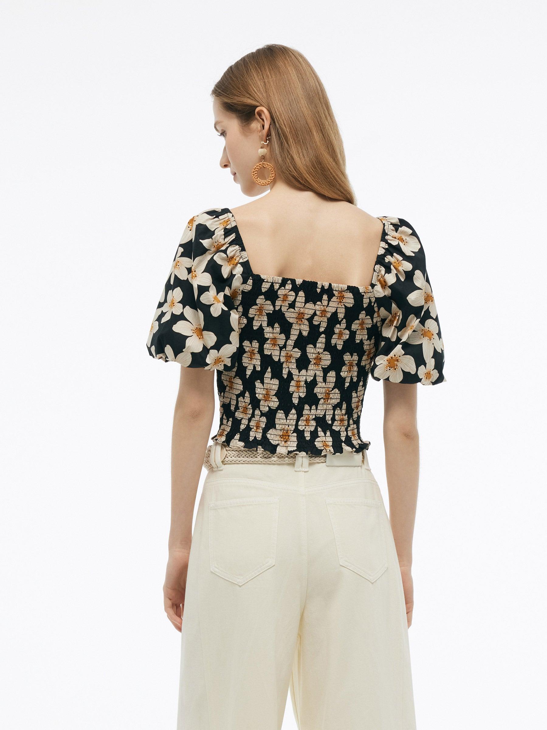 Cotton Stretch Floral Print Women Smocked Top Product Image