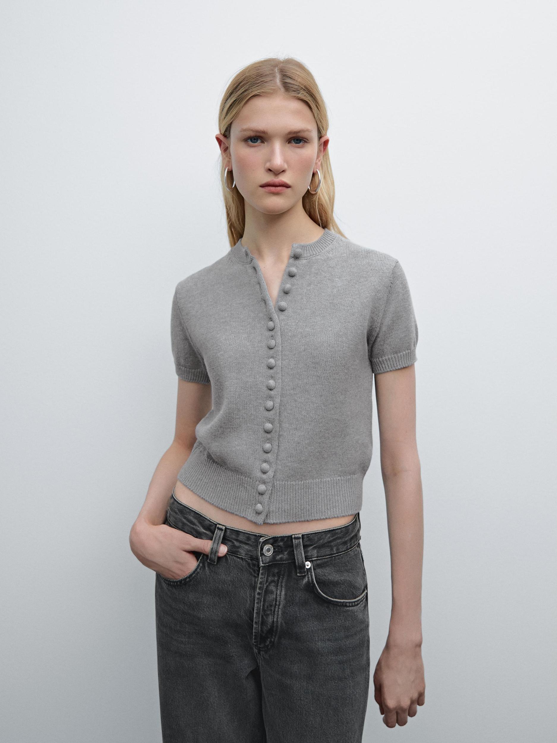 Wool blend knit cardigan with covered buttons Product Image