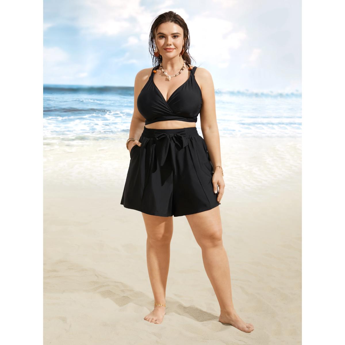 Plus Size High Rise Tie Knot Wideband Waist Swim Bottom Women's Swimwear Black Beach Tie knot High stretch Bodycon High Rise Side seam pocket Curve Swim Bottoms BloomChic 22-24/3X Product Image