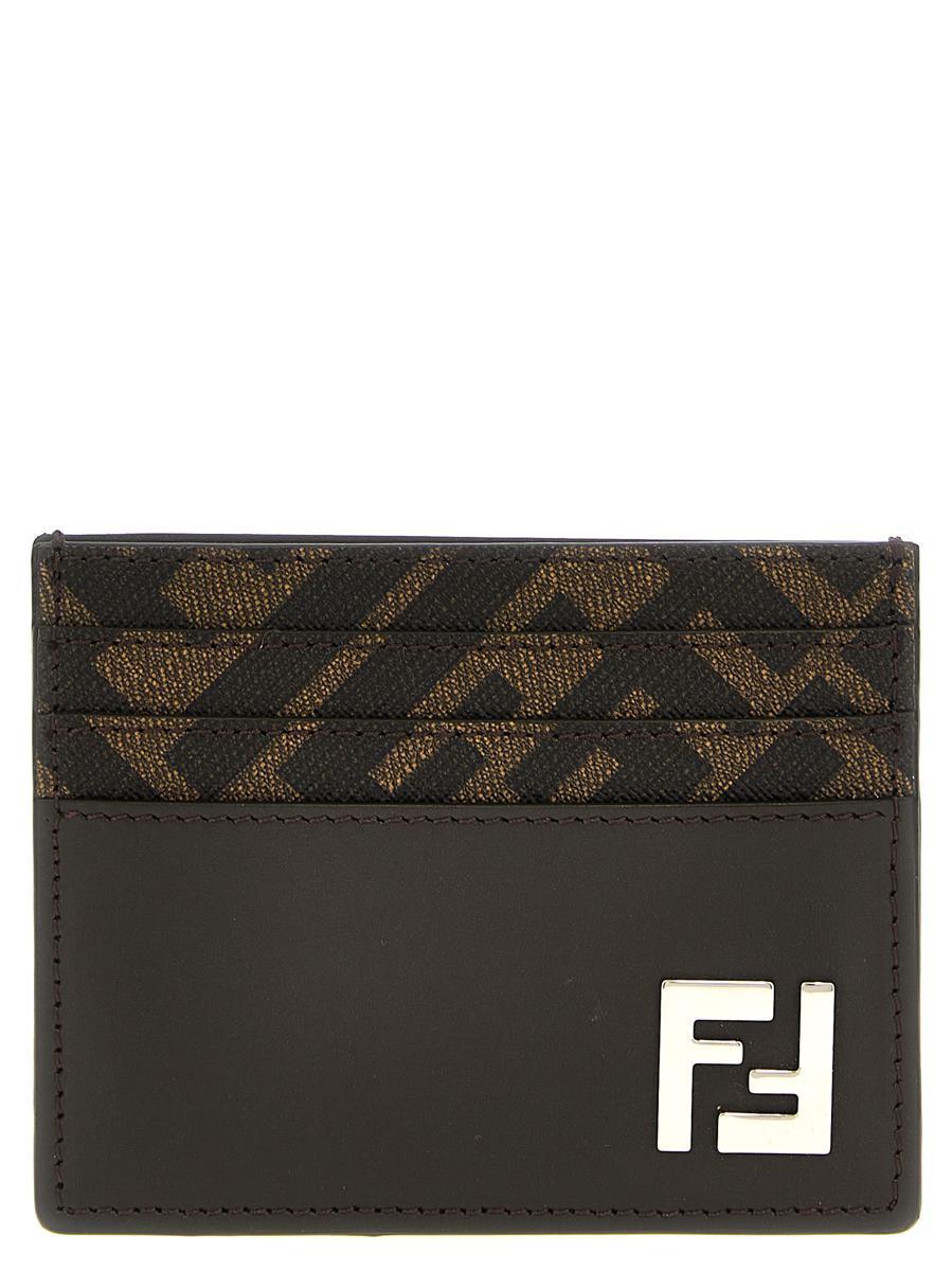 FENDI Brown Card-holder With Squared Ff Motif In Leather And Ff Canvas Man In Ebony Product Image