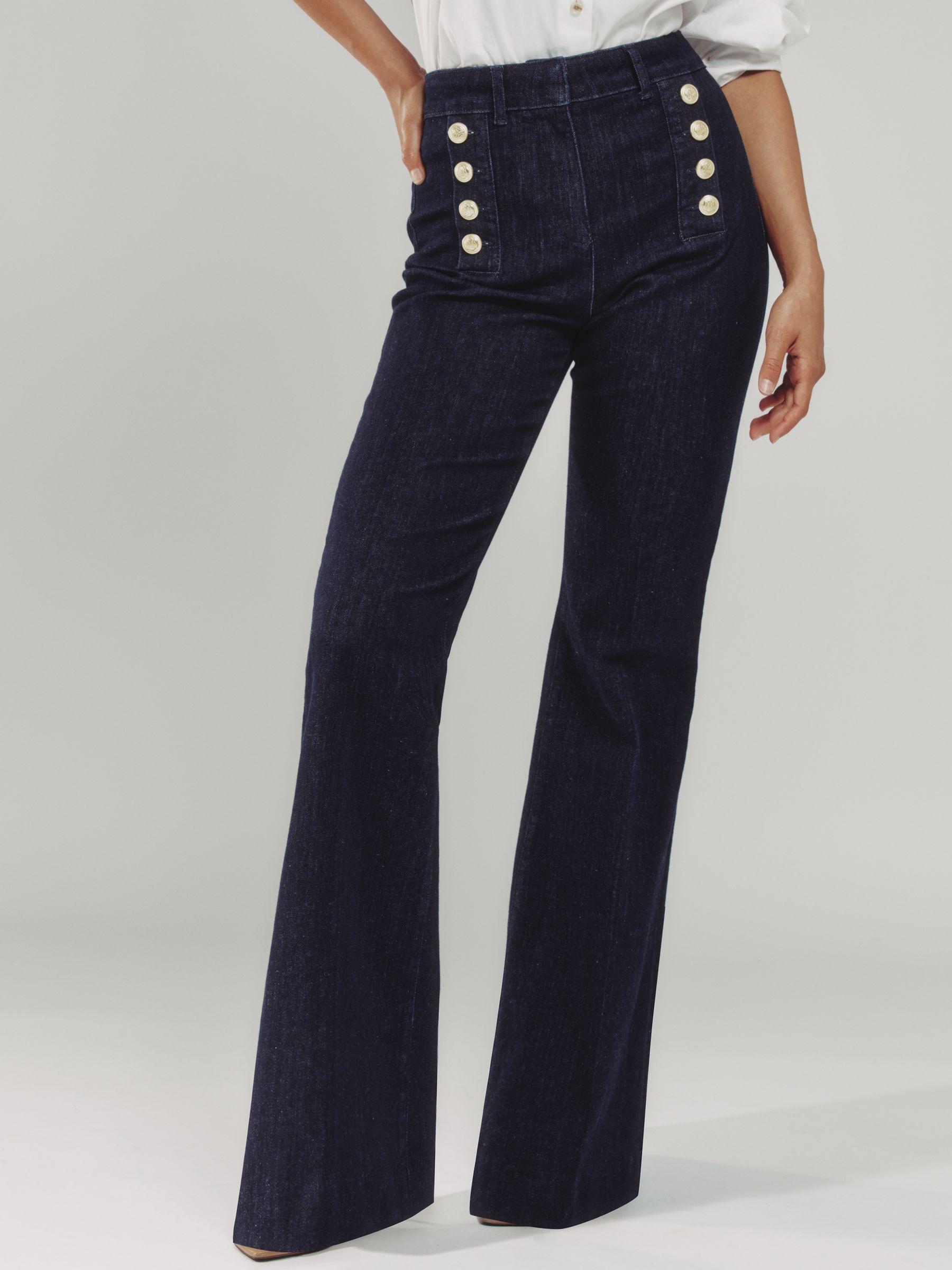 Petite Button-Detail High-Rise Flared Jeans in Dark Blue Product Image