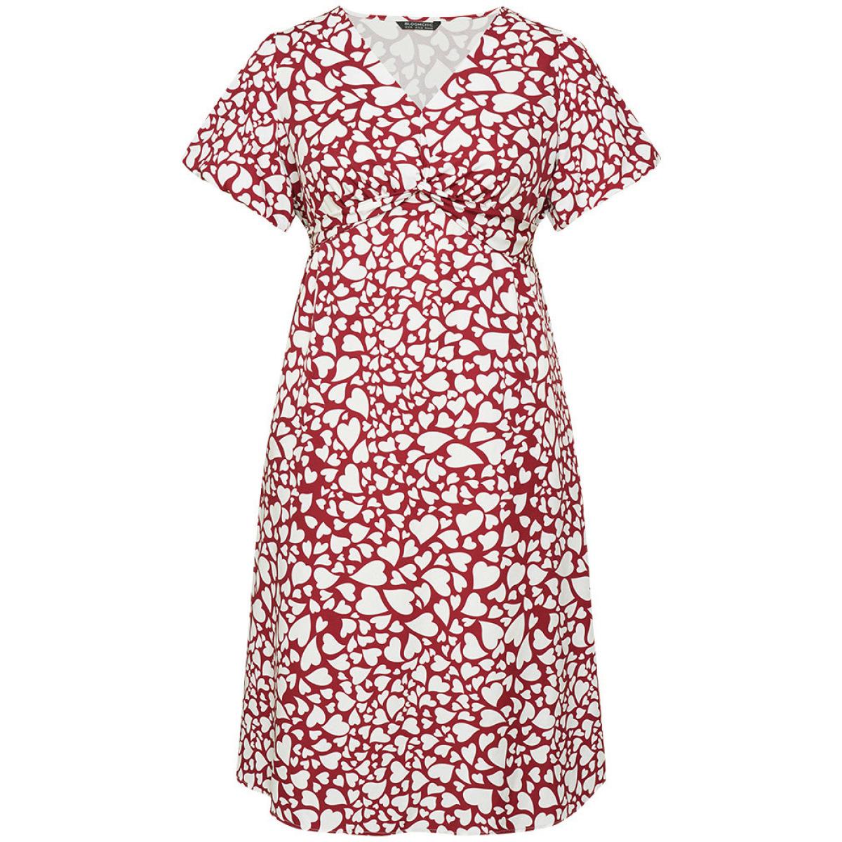 Plus Size Heart Print V Neck Crossover Pocket Dresse Red Women Elegant Slit V-neck Short sleeve Curvy Midi Dress BloomChic 18-20/2X Product Image