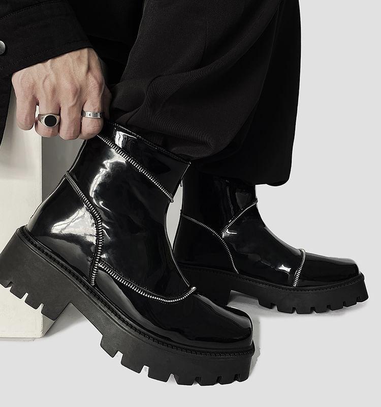 Platform Square Toe Plain Zipped Genuine Leather Short Boots Product Image