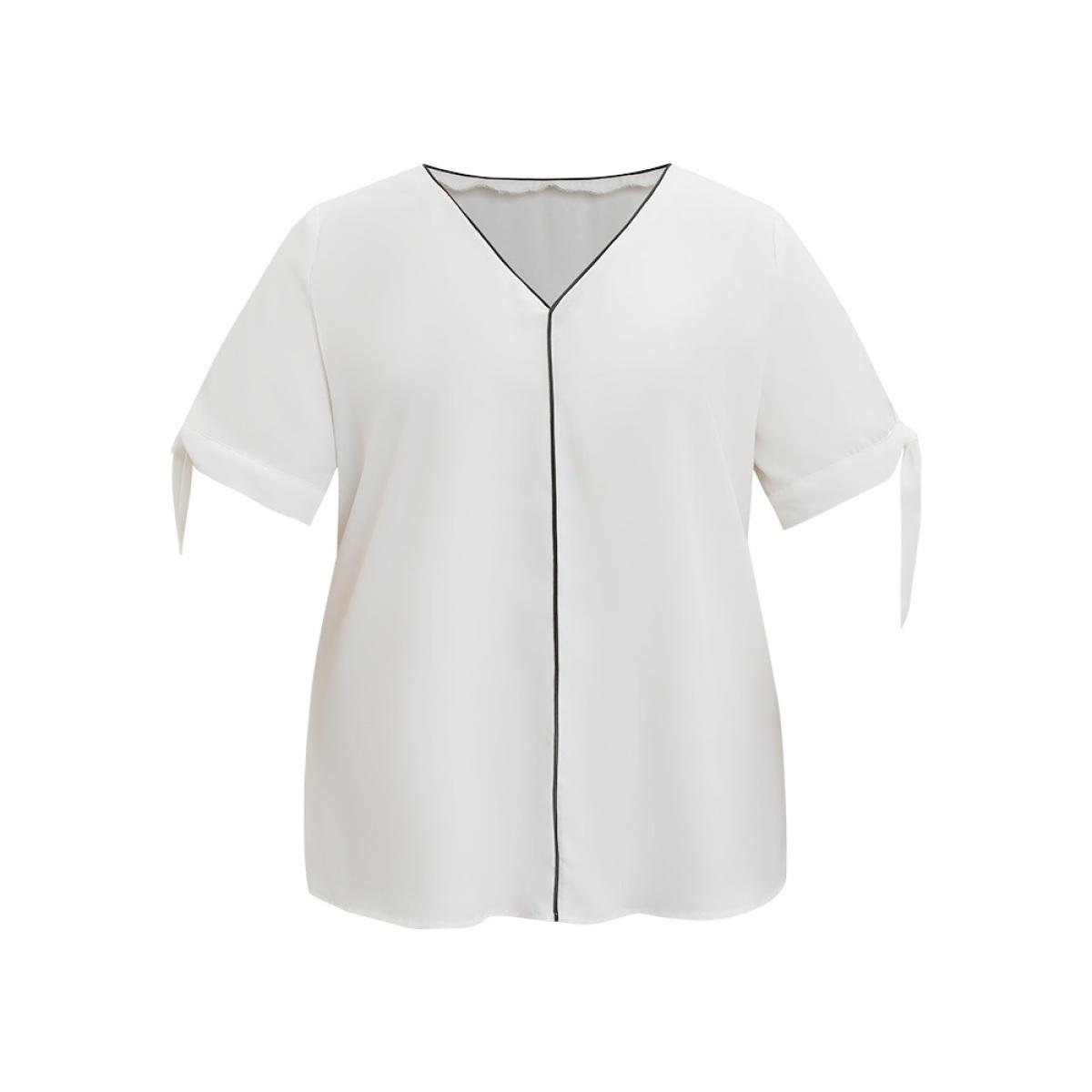 Plus Size Ivory Contrast Trim Knot High Low Hem Blouse Women Office Short sleeve V-neck Office Blouses BloomChic 10/M Product Image