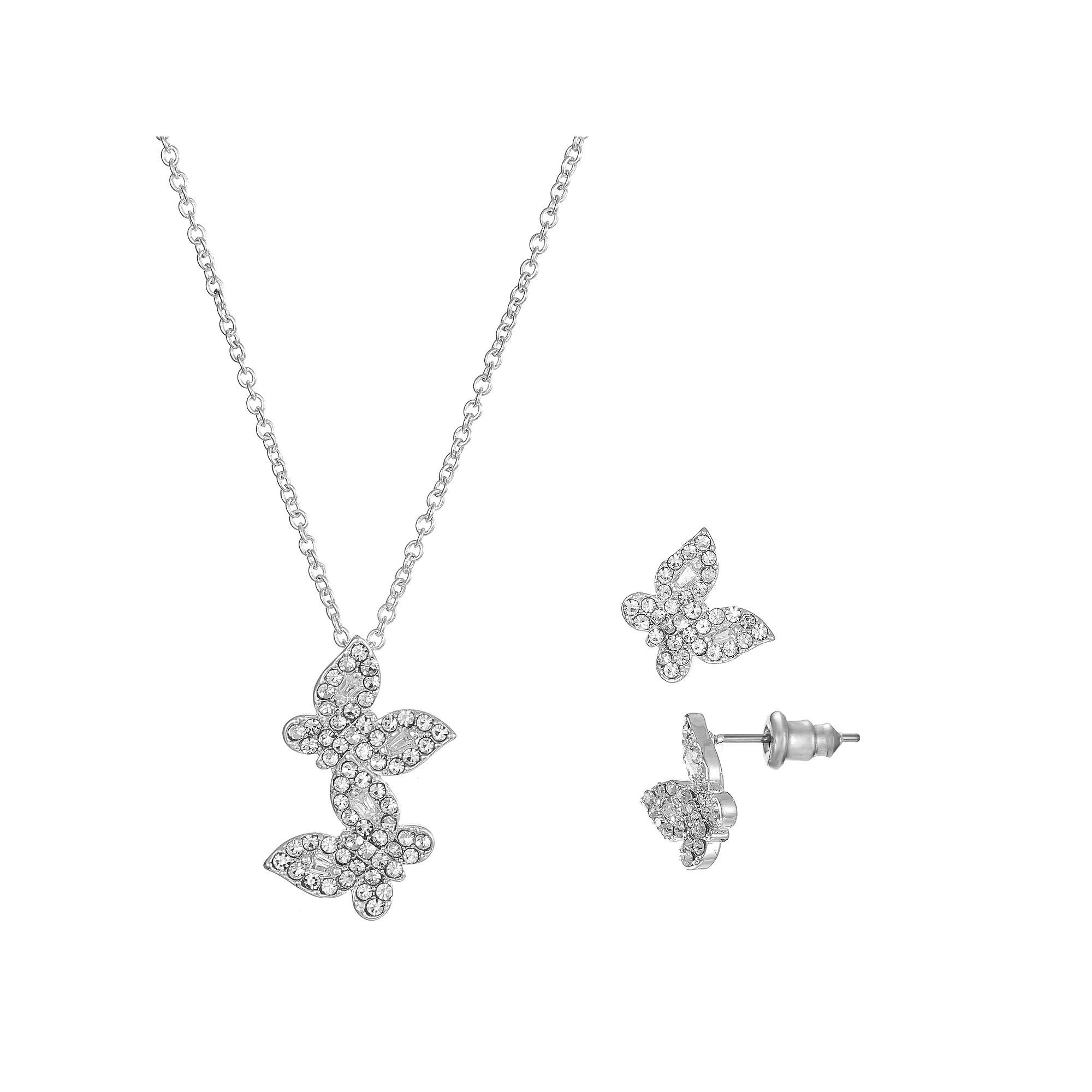 Silver Tone Cubic Zirconia Butterfly Pendant Necklace & Stud Earrings Set, Women's, Size: 18+3", Silver Tone Clear Product Image