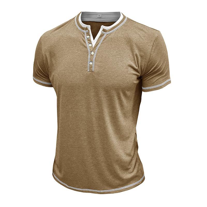 Mock Two-Piece Short-Sleeve Contrast Stitched Henley T-Shirt Product Image
