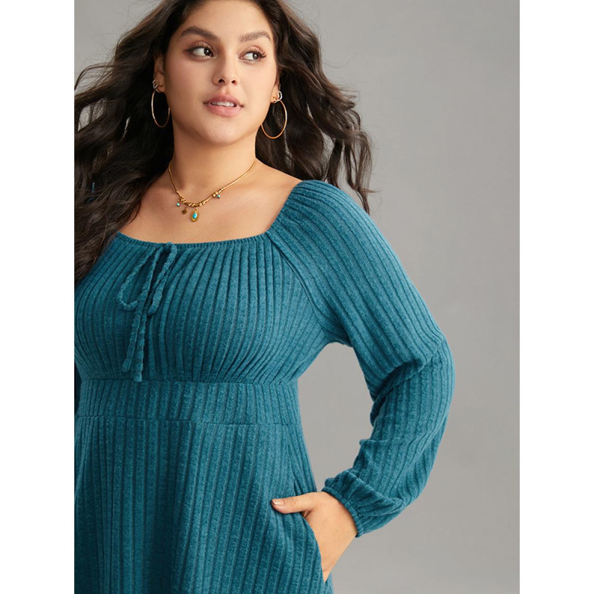 Plus Size Rib Knit Ties Square Neck Lantern Sleeve Dress Aegean Women Casual Elastic cuffs Square Neck Long Sleeve Curvy Midi Dress BloomChic 18-20/2X Product Image