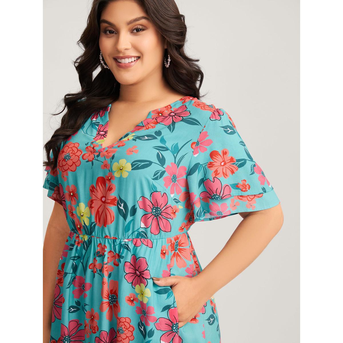 Plus Size Floral Radiance Layered Sleeve Midi Dress Malachitegreen Women Flat collar with V-notch Short sleeve Curvy BloomChic 26/4X Product Image