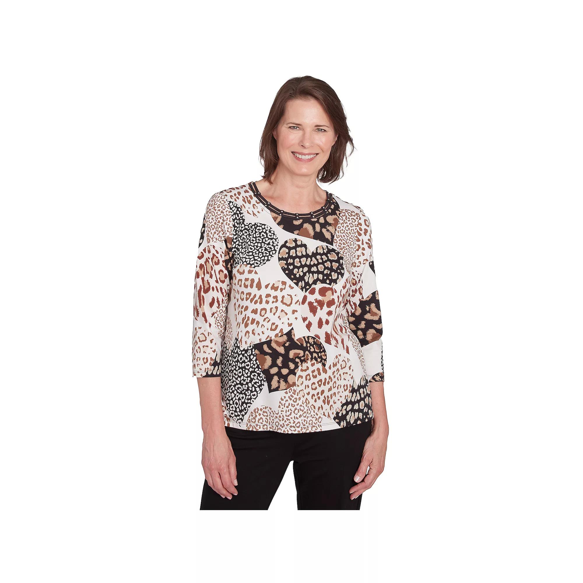 Women's Alfred Dunner Animal Print Hearts Top, Size: Medium, Neutral Team Product Image