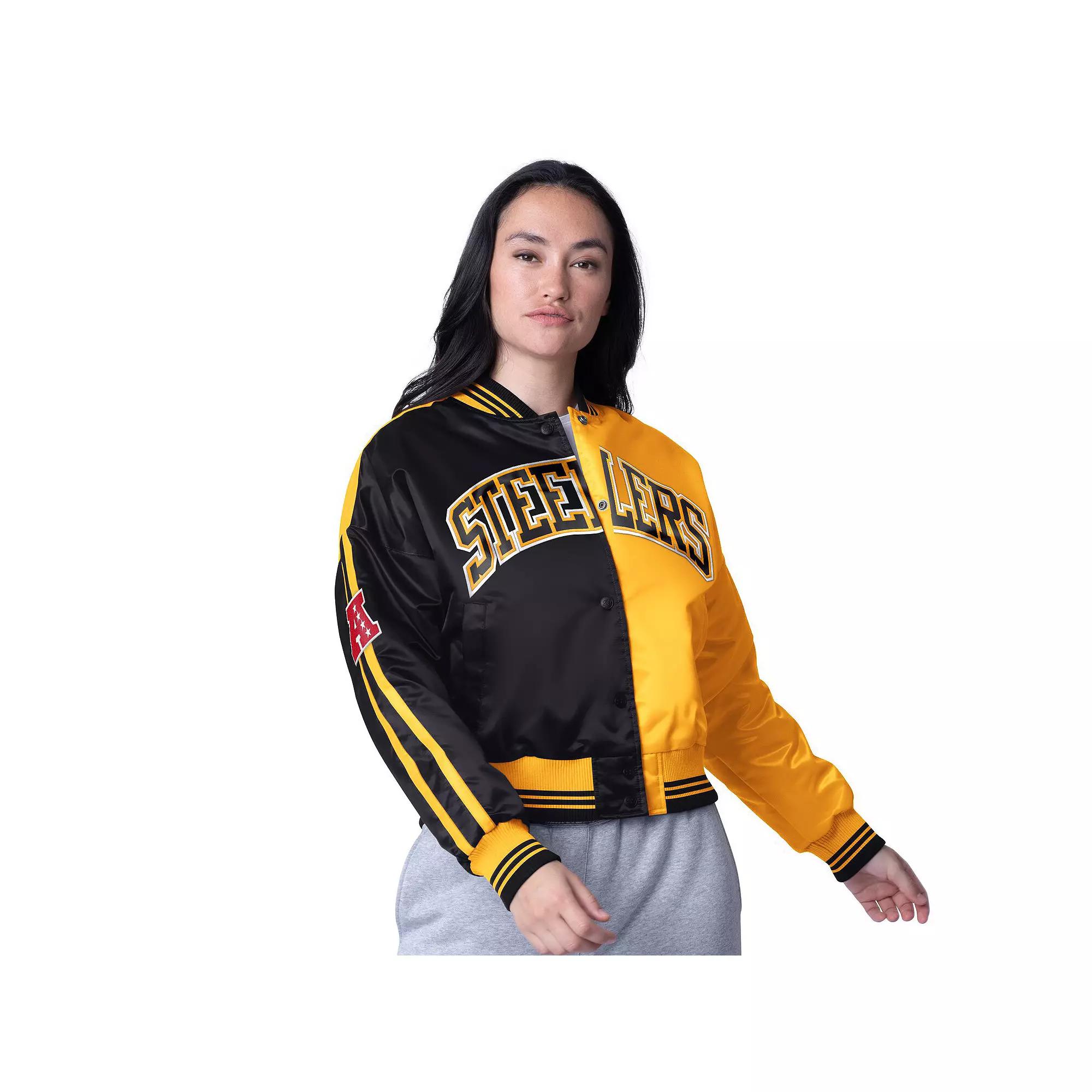 Women's Starter  Black/Gold Pittsburgh Steelers Zone Blitz Cropped Full-Snap Satin Jacket, Size: Small Product Image