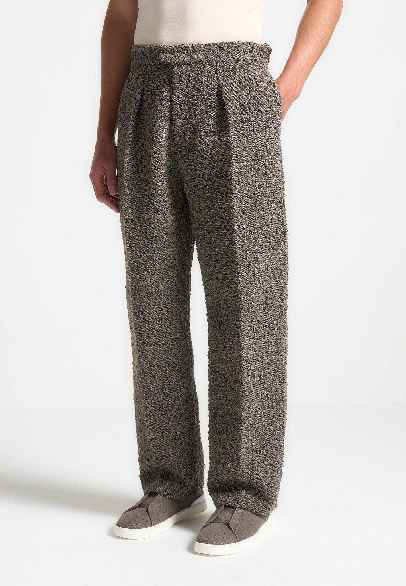 Relaxed Fit Boucle Pleated Tailored Trousers - Brown Male Product Image