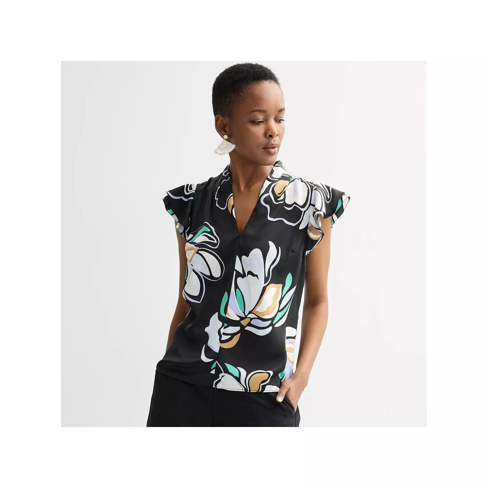 Women's Nine West Flutter Sleeve Satin Blouse, Size: XS, Black Olivia Floral Product Image