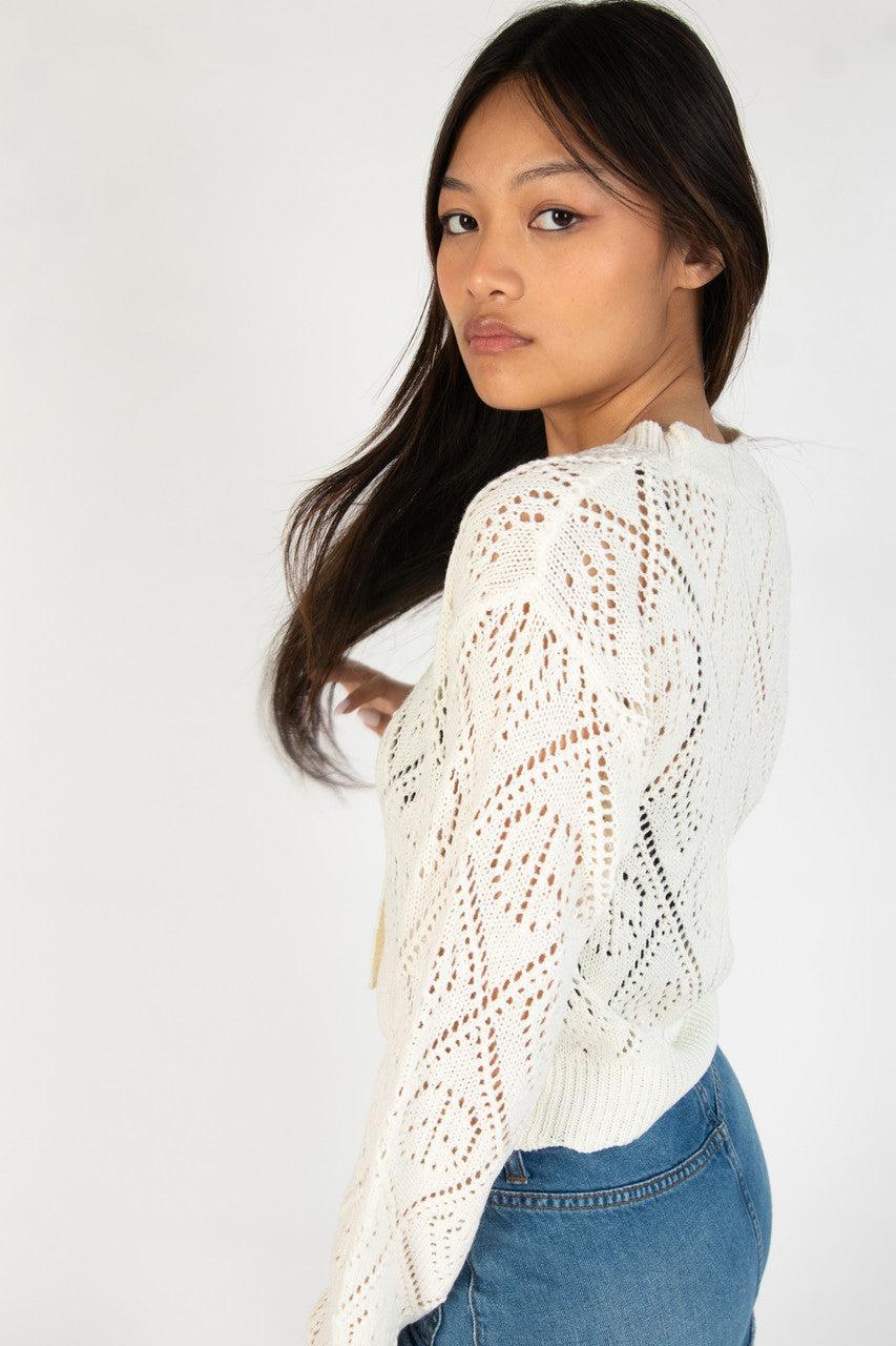 Ivory Bell Sleeve Pointelle Cardigan Product Image