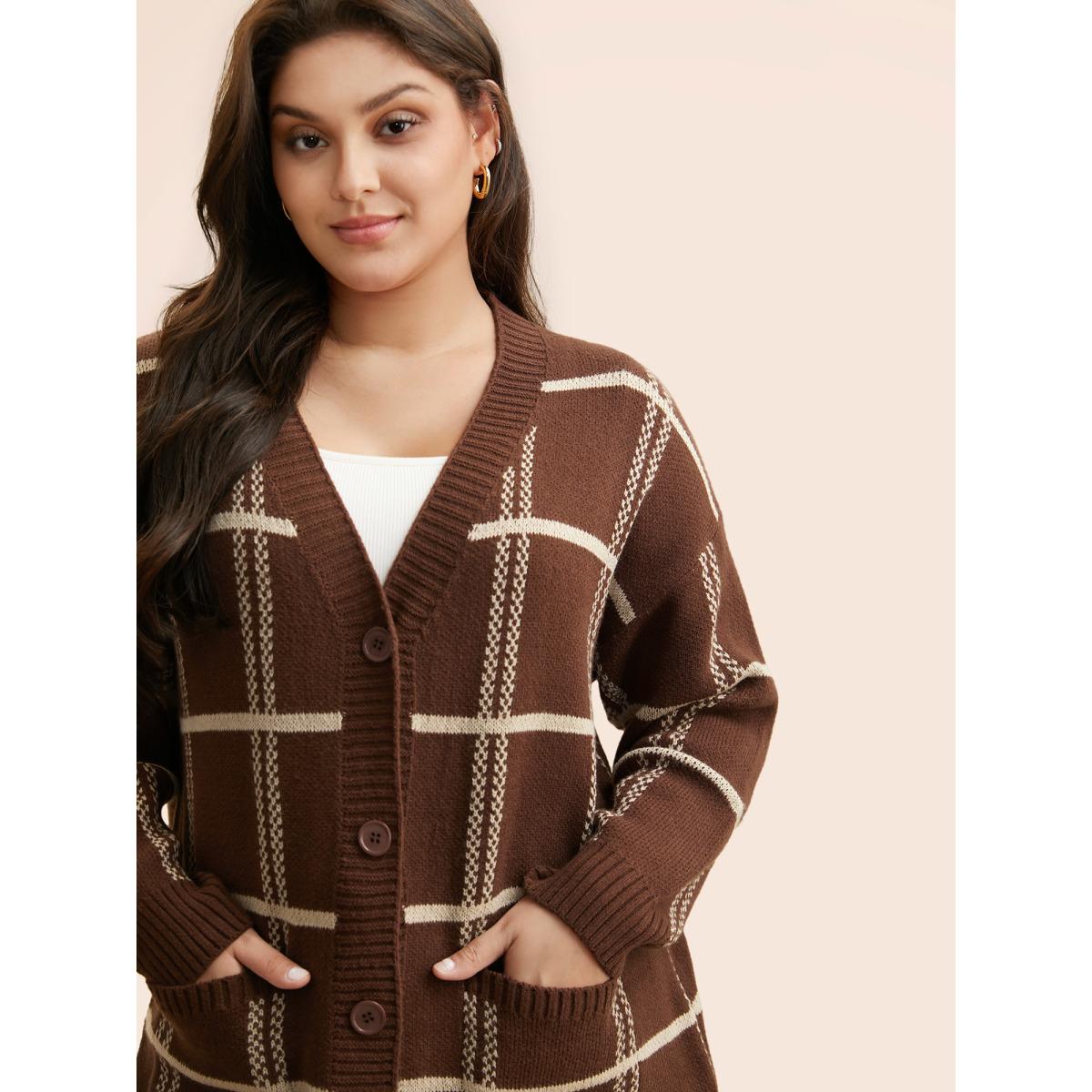 Plus Size Plaid Button Up Pocket Cardigan Browncoffeecolor Women Leisure Loose Long Sleeve Casual Cardigans BloomChic 18-20/2X Product Image