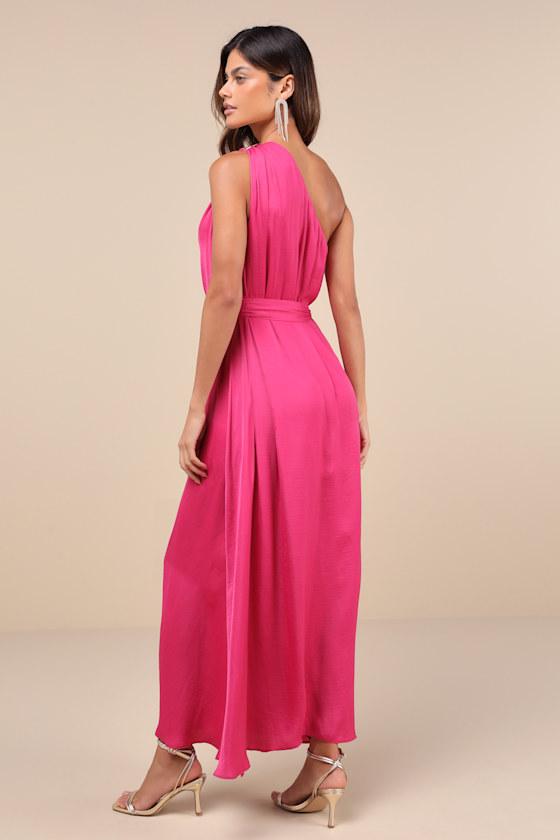 Goddess Aura Fuchsia Satin One-Shoulder Maxi Dress Product Image