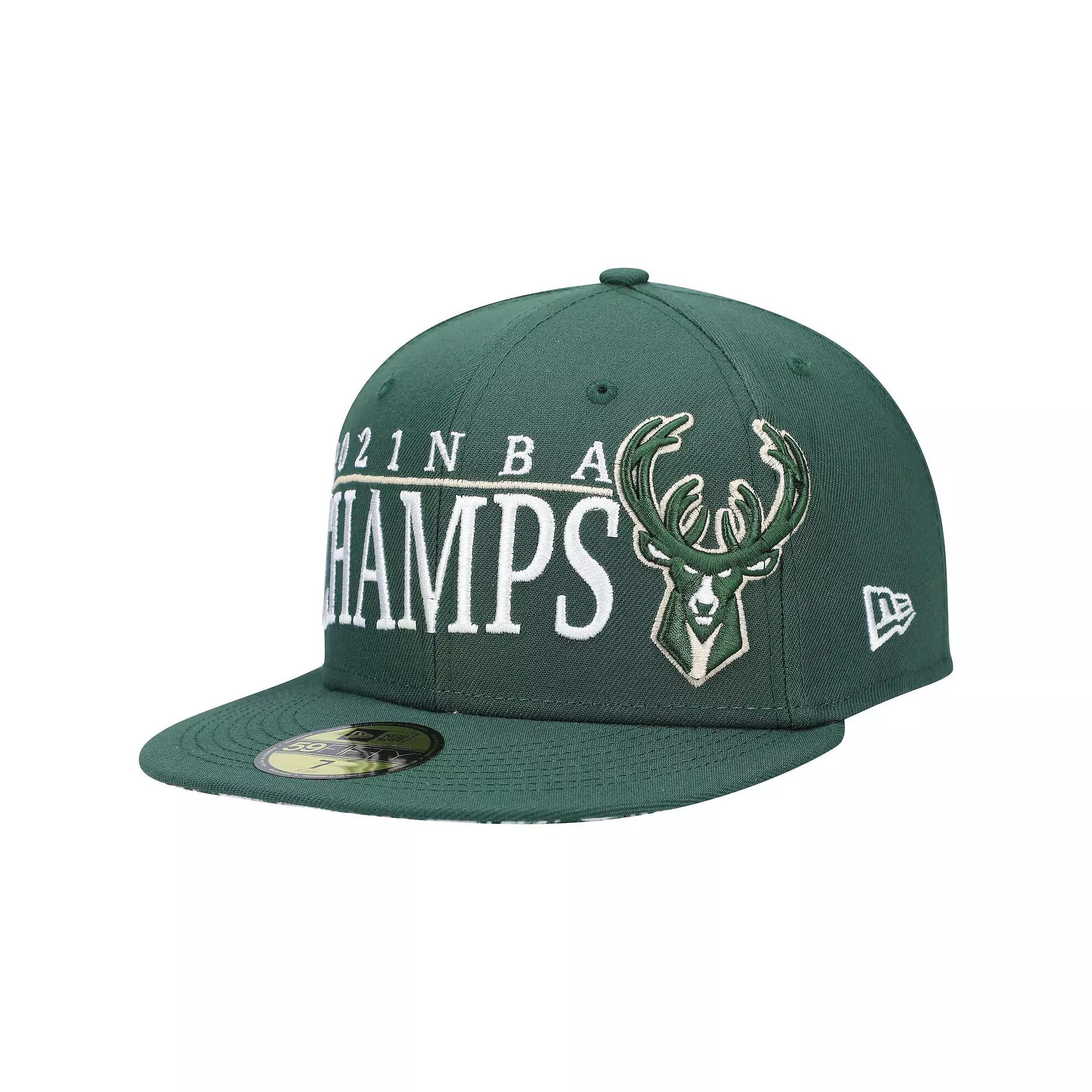 Men's New Era Hunter Green Milwaukee Bucks 2021 NBA Champs Retro Pop Undervisor 59FIFTY Fitted Hat, Size: 7, Team Product Image