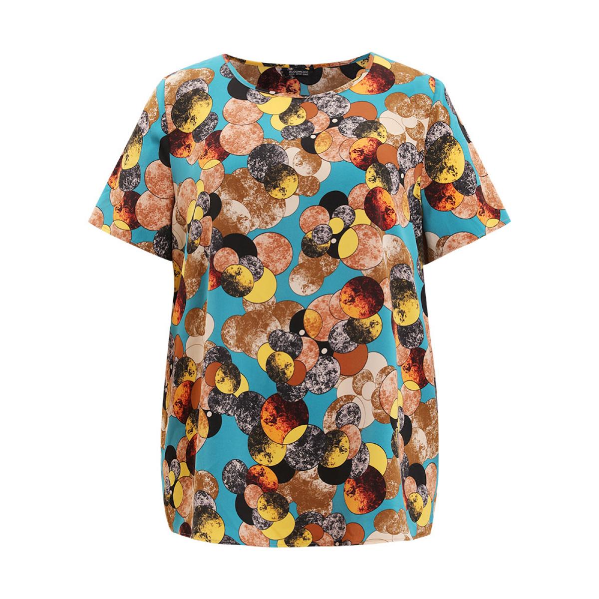 Plus Size Cyan Allover Print Round Neck Contrast Blouse Women Elegant Short sleeve Round Neck Dailywear Blouses BloomChic 22-24/3X Product Image