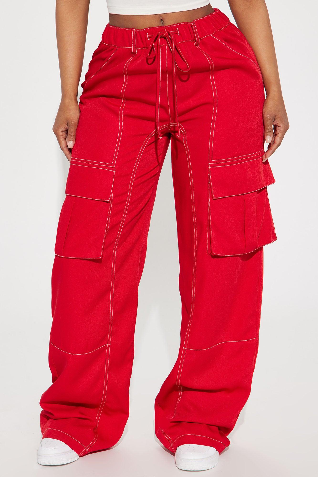 Keep Me Entertained Wide Leg Cargo Pant - Red Product Image