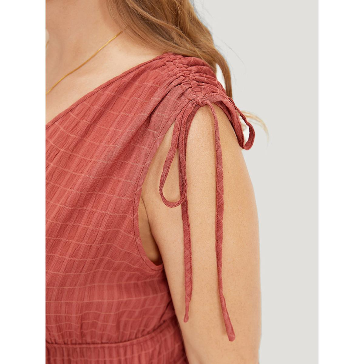 Plus Size V Neck Drawstring Sleeveless Pocket Elastic Waist Dress Coral Women Elegant Gathered V-neck Sleeveless Curvy Midi Dress BloomChic 12/L Product Image