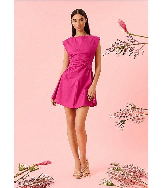 Donna Morgan Crew Neck Extended Shoulder Ruched Poplin Mini Dress Product Image