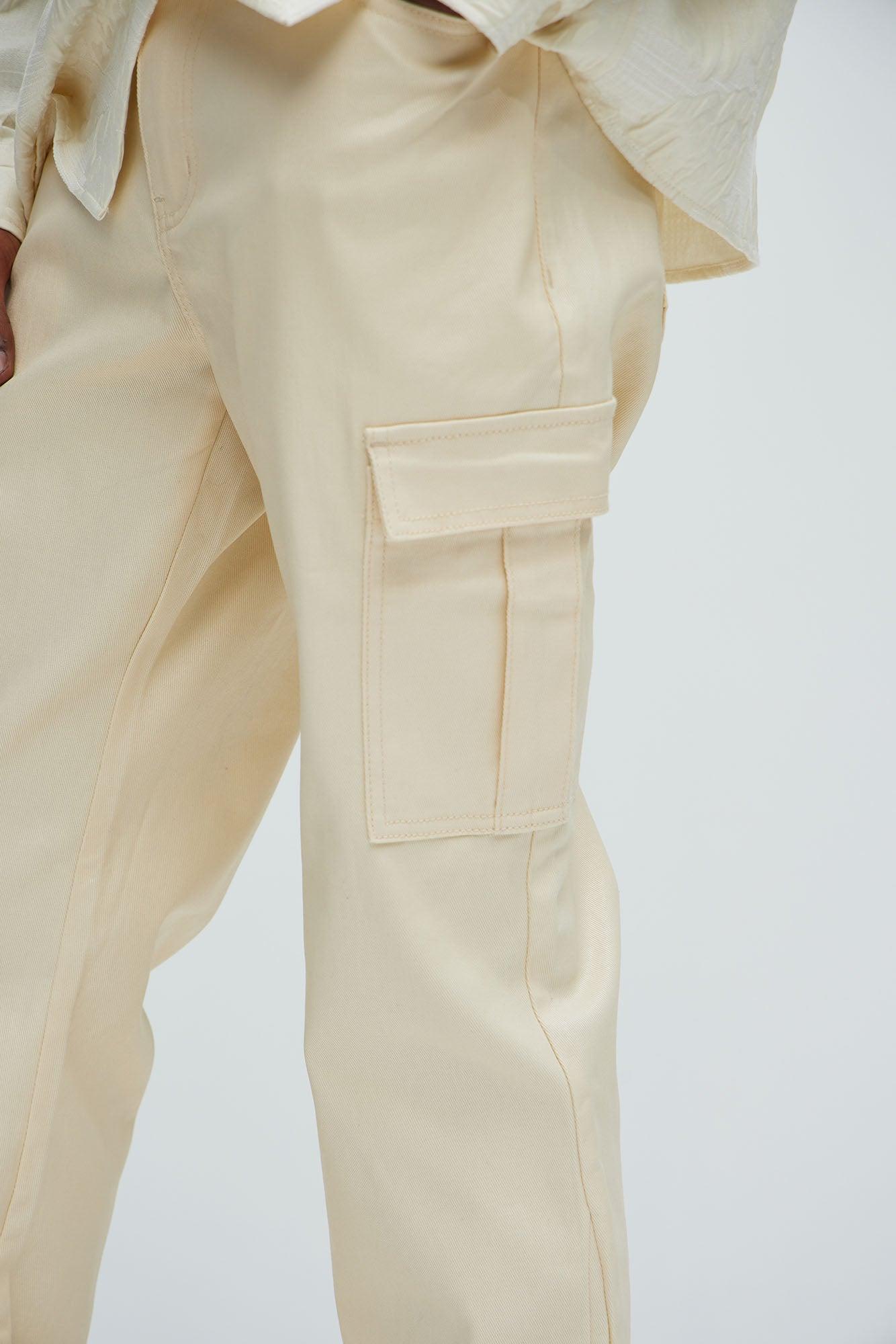 Better Be Cargo Waxed Skinny Flared Pants - Cream Product Image