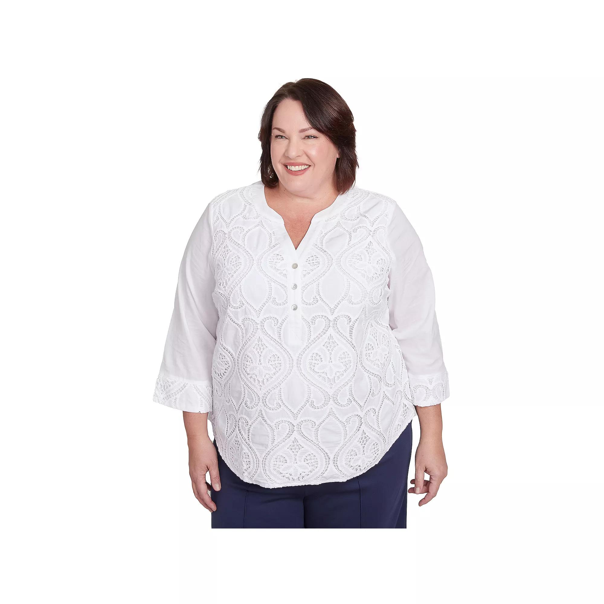 Plus Size Alfred Dunner Lace Scroll Henley Top, Women's, Size: 3XL, White Product Image