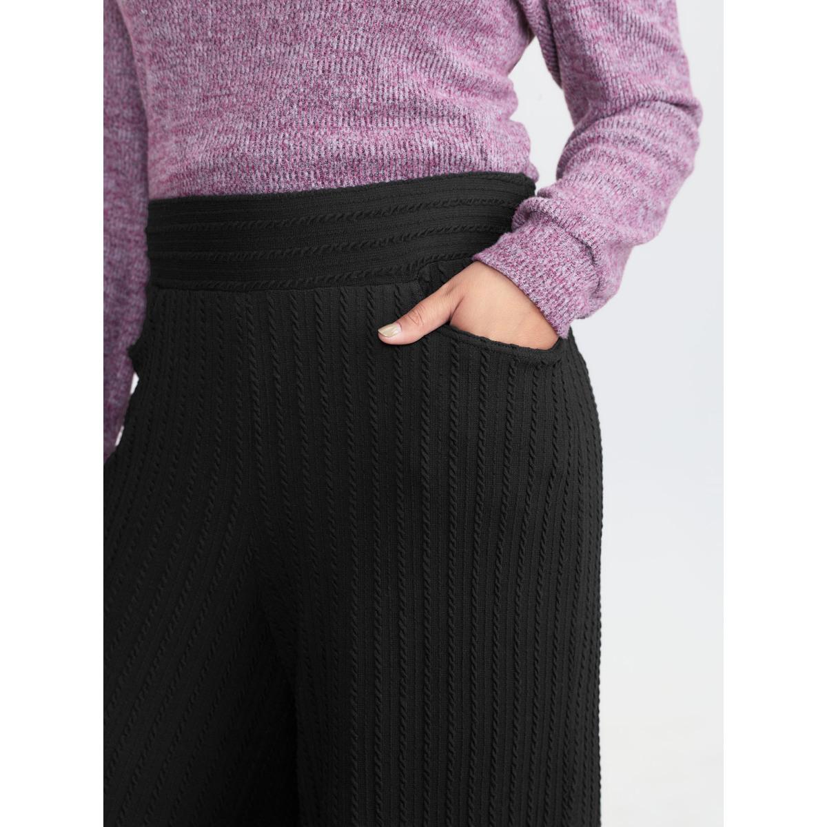 Plus Size Stretchy Cable Knit Wide Leg Pants Women Pureblack Leisure Wide Leg Mid Rise Casual Pants BloomChic 22-24/3X Product Image