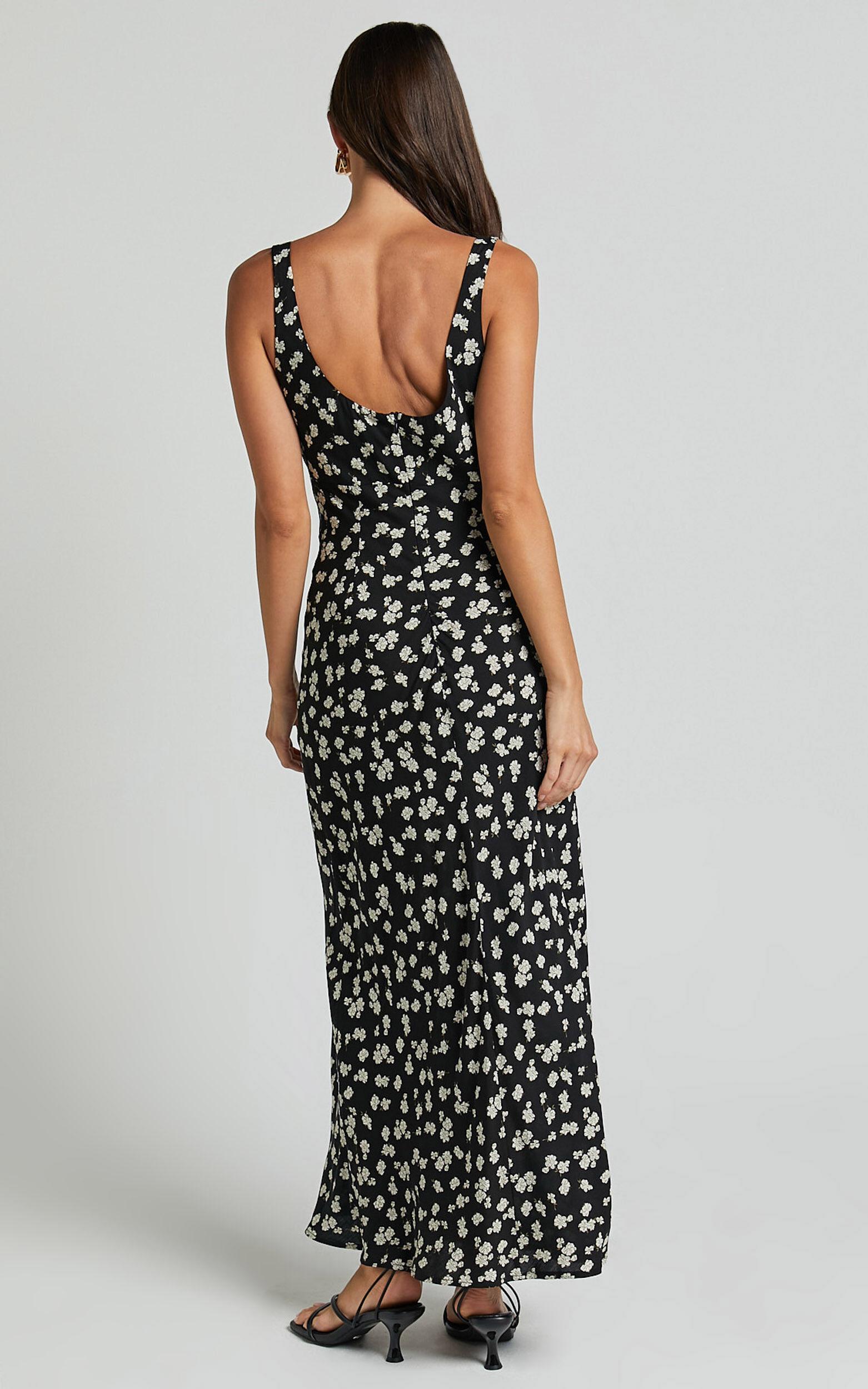 Elanora Midi Dress - Scoop Neck Keyhole Front Empire Waist Bias Cut Slip Dress in Black Wildflower Product Image