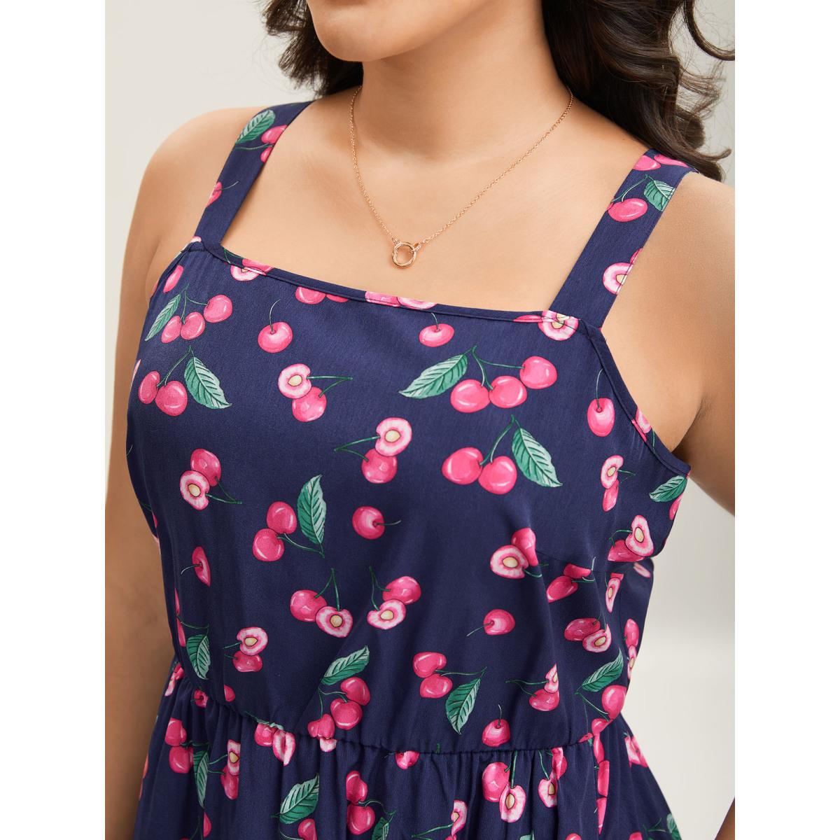 Plus Size Cherry Print Stretchy Waist Pockets Midi Dress Navy Women Elegant Non Non Sleeveless Curvy BloomChic 22-24/3X Product Image